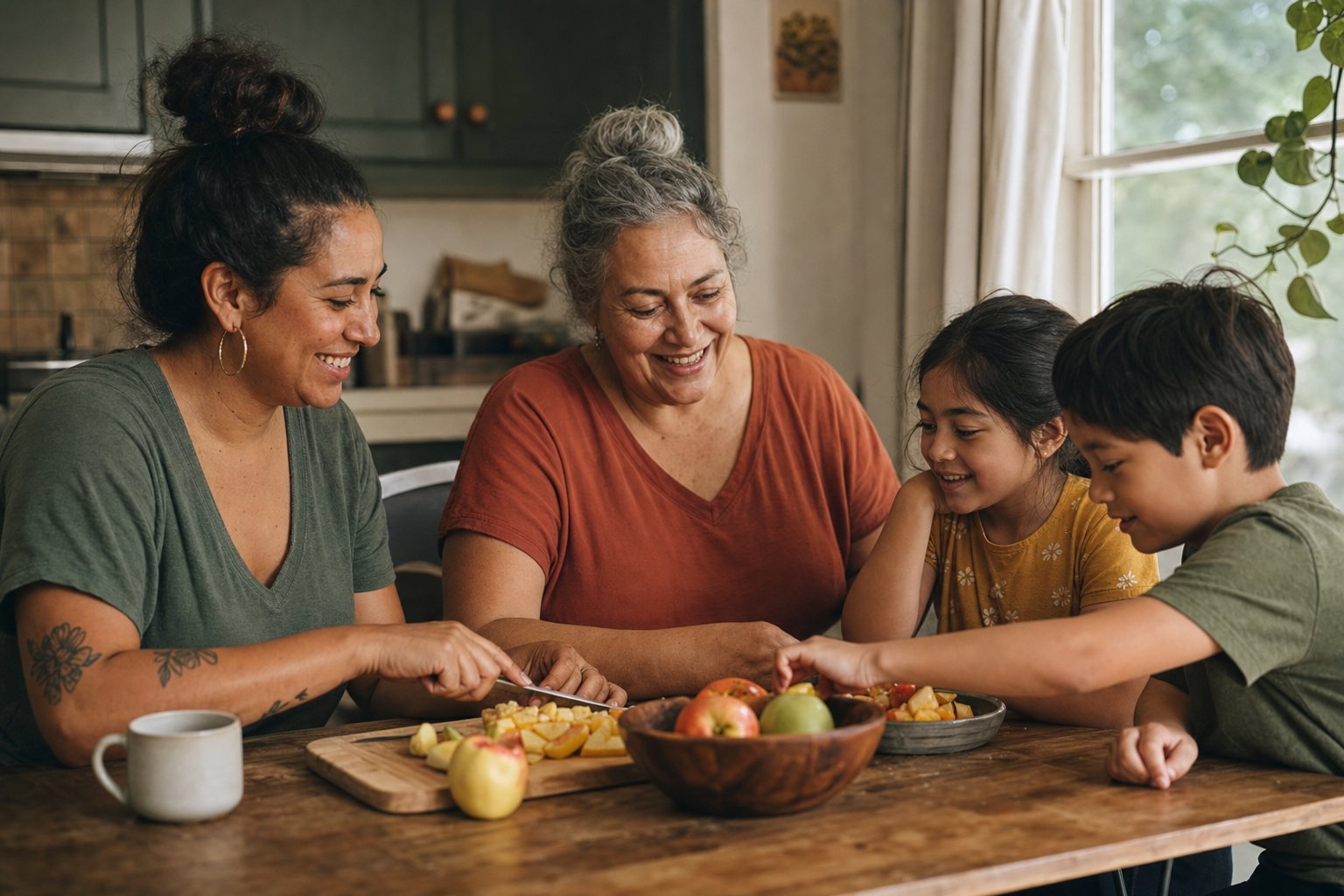 A multigenerational family prepares a snack together around a kitchen table.