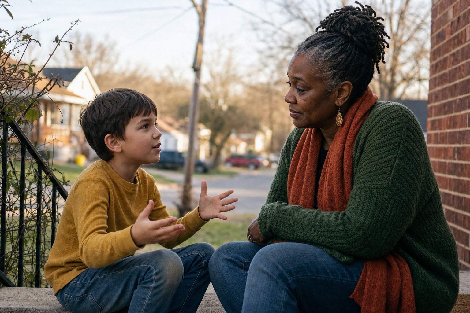 A trusted adult listens closely while a child talks.