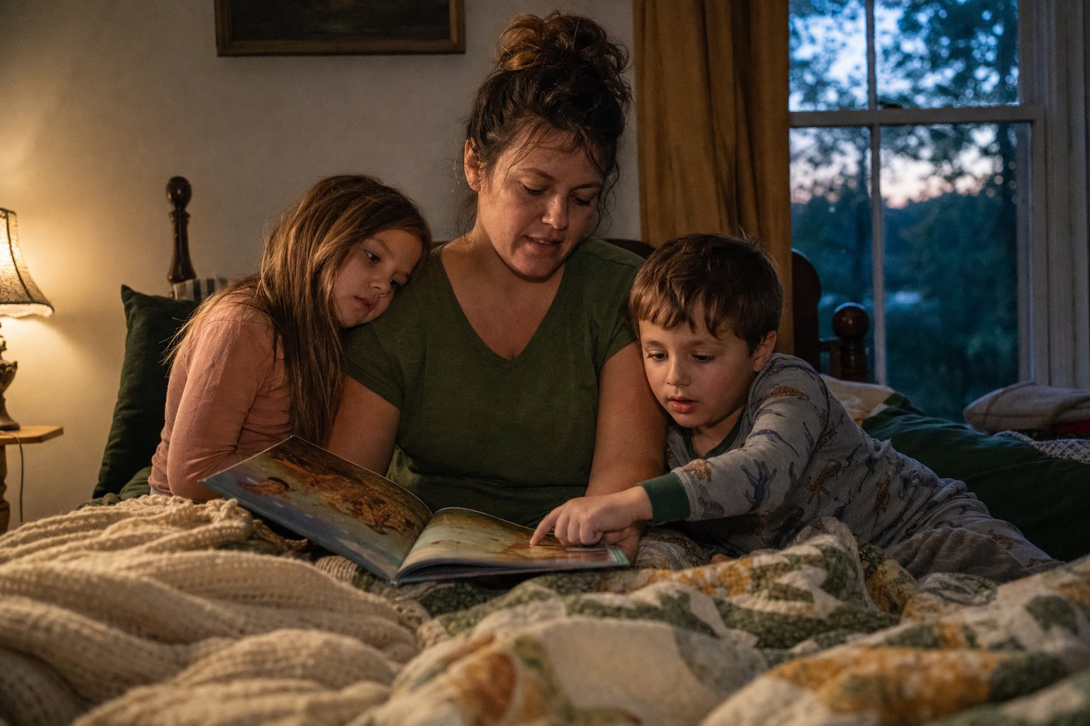A caregiver and two children share an everyday bedtime story.