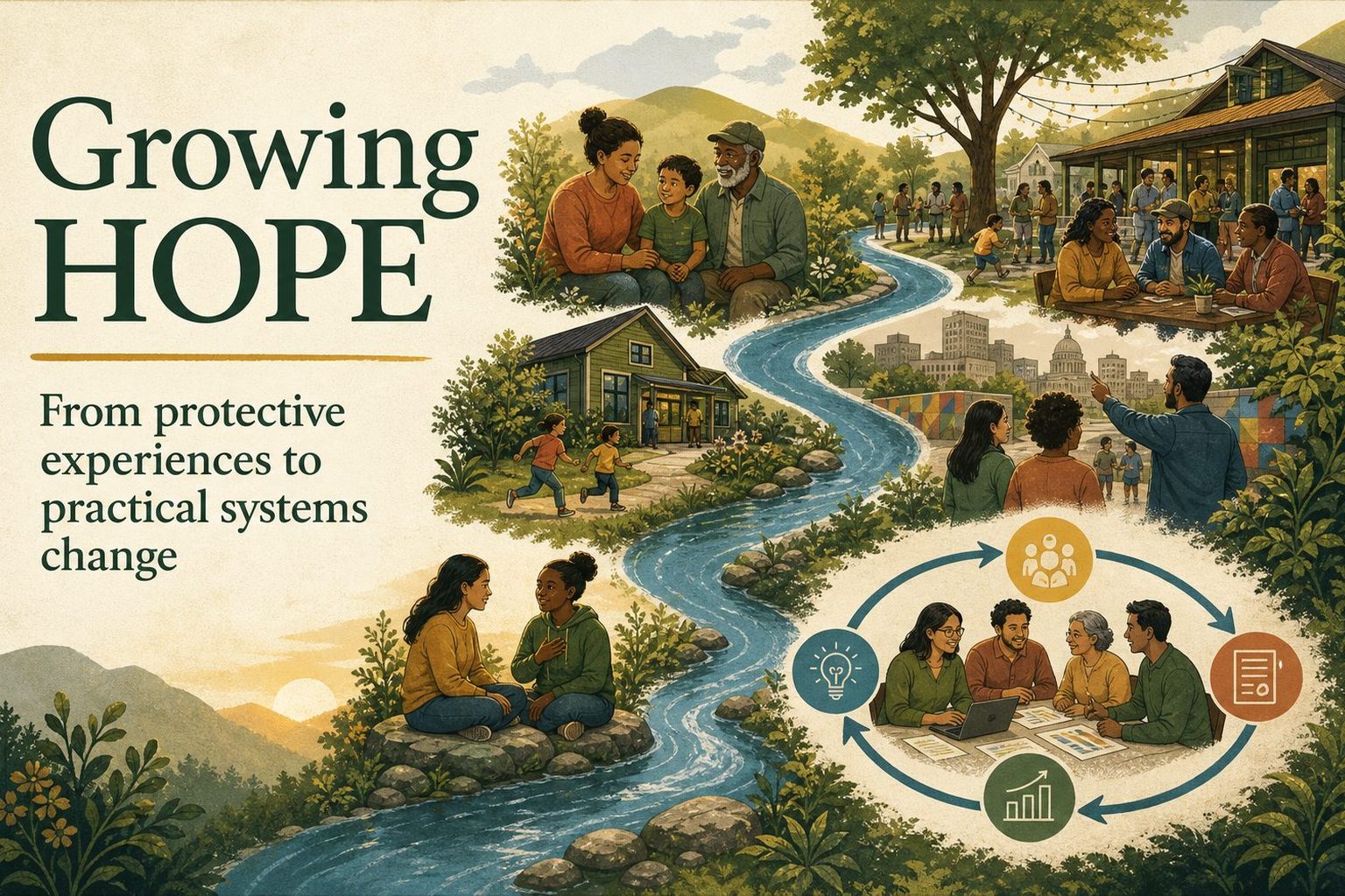 A visual watershed connecting positive experiences, community spaces, civic participation, and a learning cycle